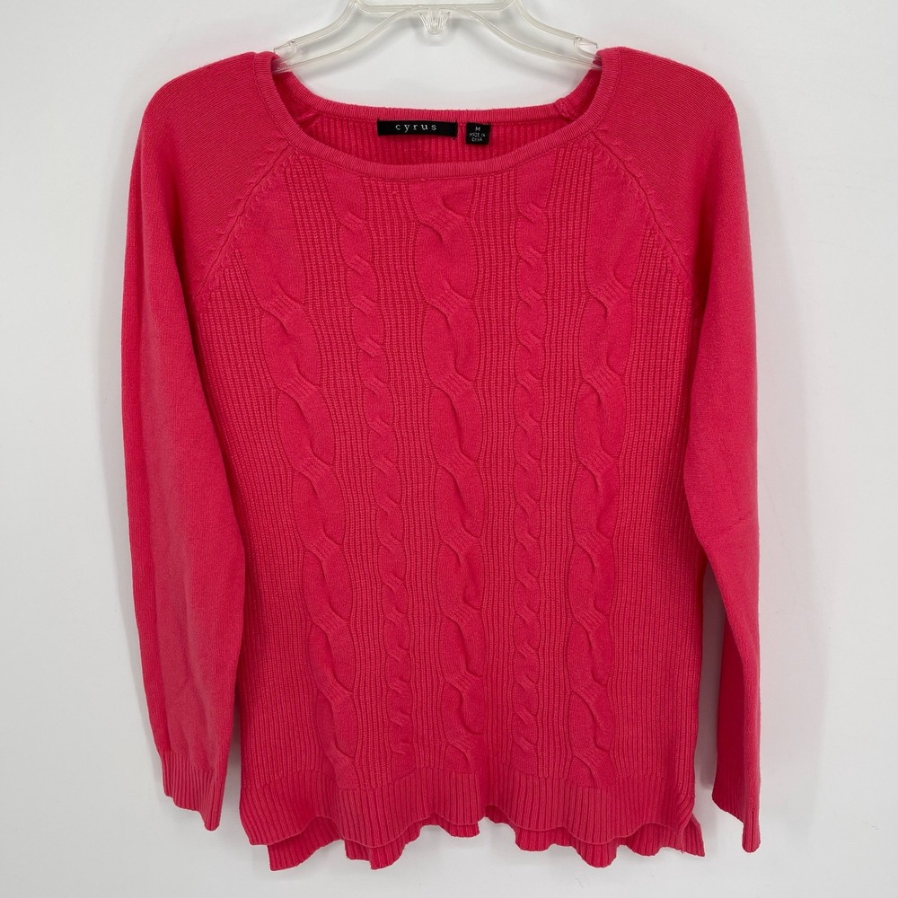 Cyrus Women's Pink Cable Knit Raglan Sleeve Crew Neck Pullover Sweater Size M